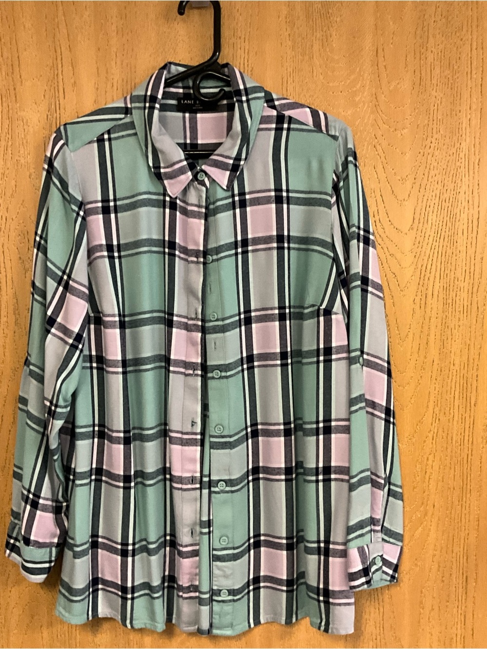 Lane Bryant Mint, Pink & Black Plaid Button-Down Shirt